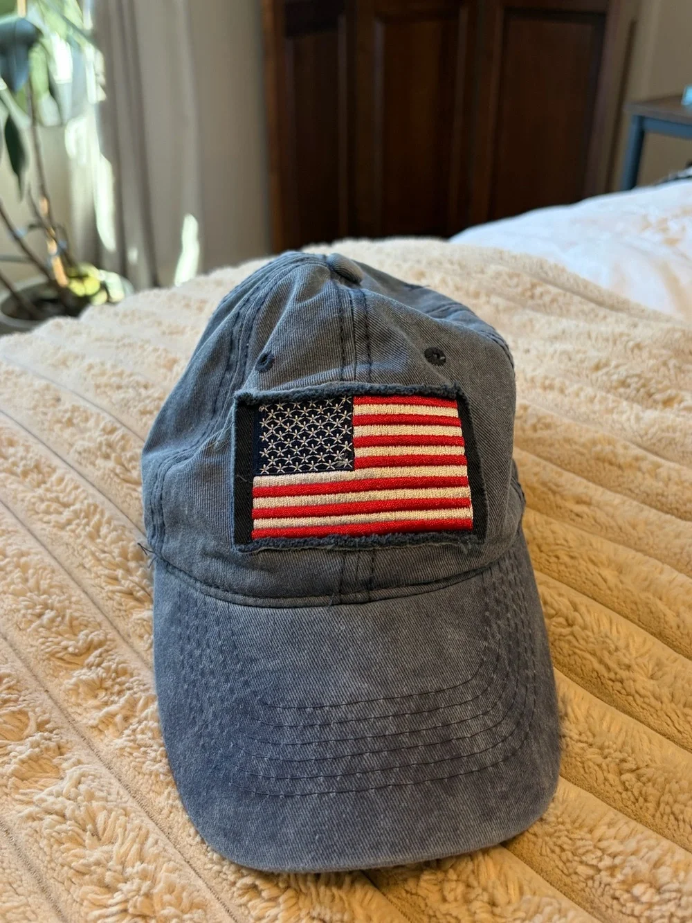 Blue Baseball Cap with Embroidered American Flag Patch